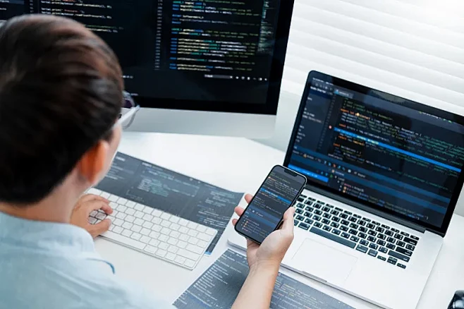 开发程序员开发网站设计和编码技术，在软件公司办公室工作图片下载